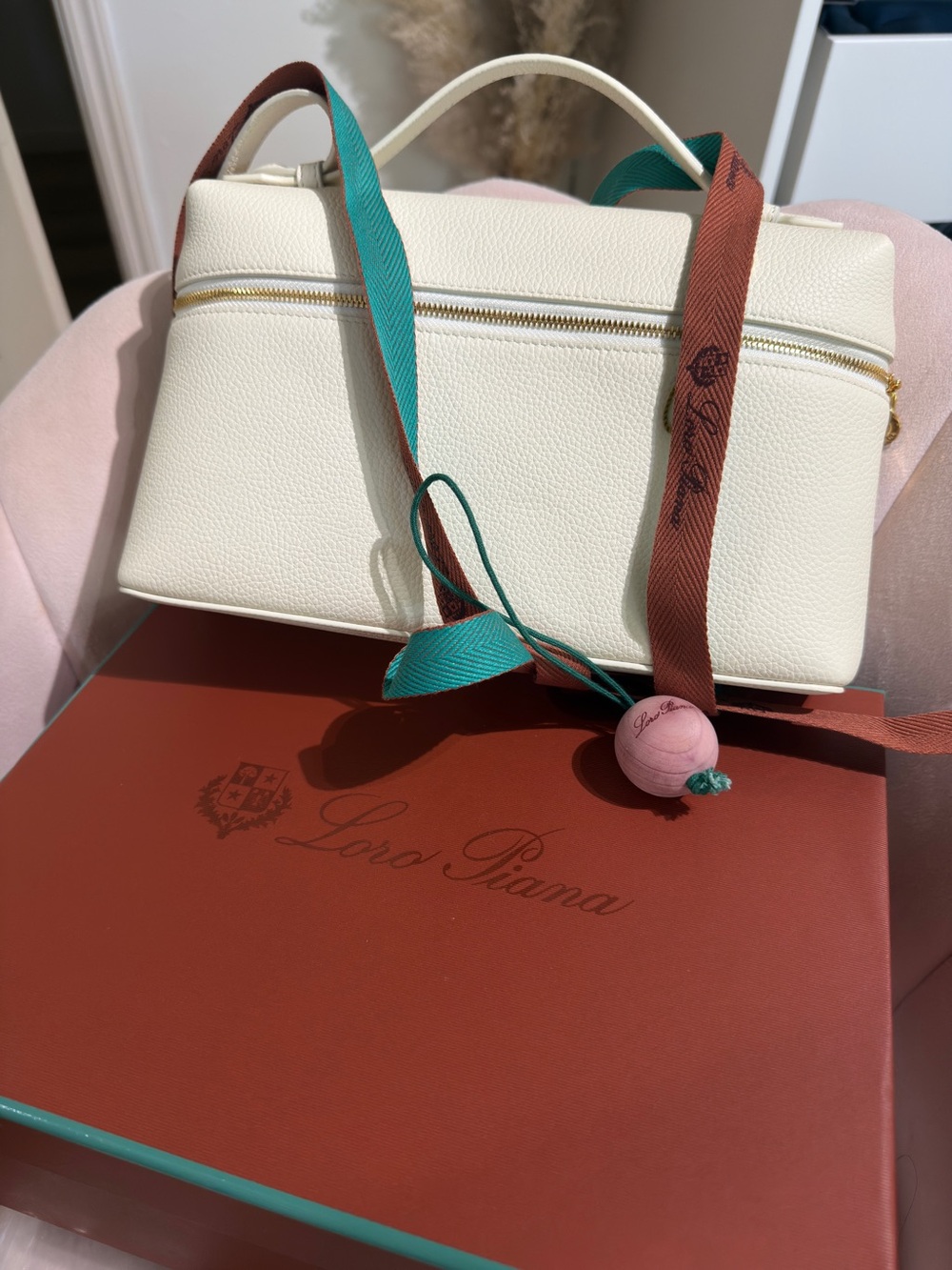 Loro Piana Inspired White Leather Top-Handle Bag with Color-Accent Strap - L27